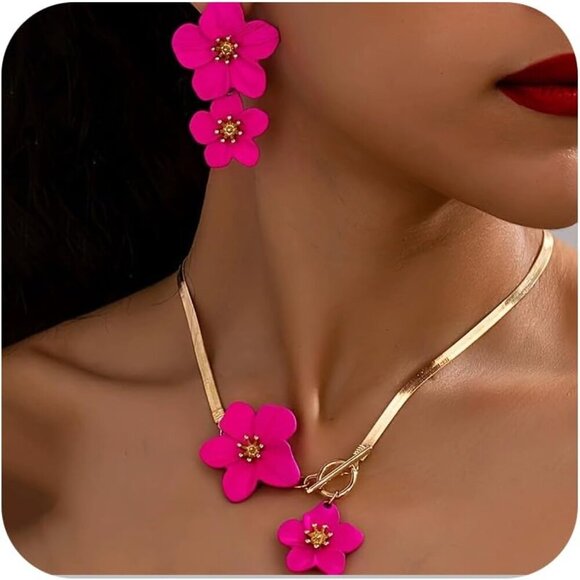 Jewelry - Pink Flower Jewelry Set Necklace Earrings Chic Summer Seaside Gift for Her